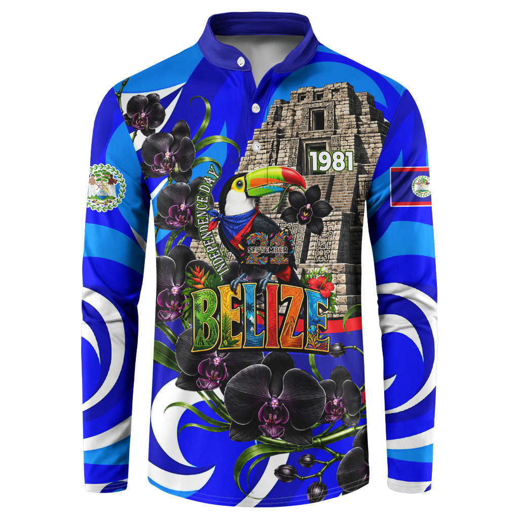 Belize Independence Day 1981 Button Sweatshirt Toucan Mayan Pyramid Black Orchid Patriotic