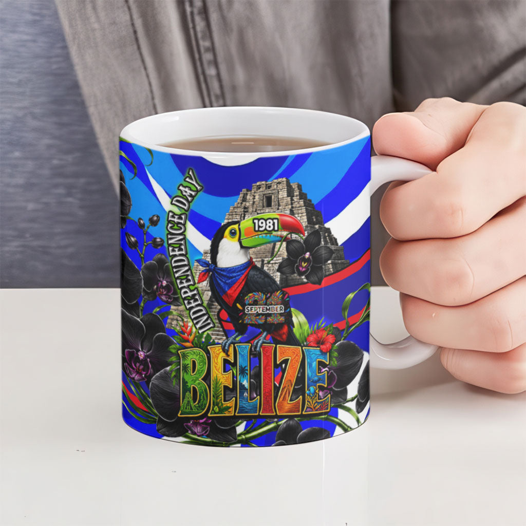 Belize Independence Day 1981 Ceramic Mug Toucan Mayan Pyramid Black Orchid Patriotic