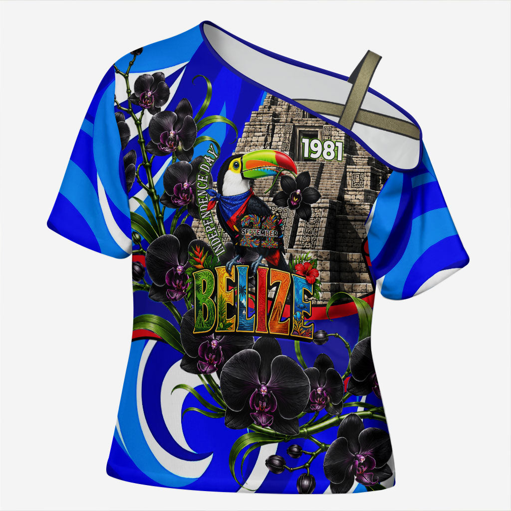 Belize Independence Day 1981 Cross Shoulder Shirt Toucan Mayan Pyramid Black Orchid Patriotic