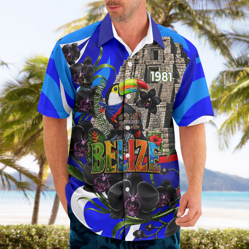 Belize Independence Day 1981 Hawaiian Shirt Toucan Mayan Pyramid Black Orchid Patriotic