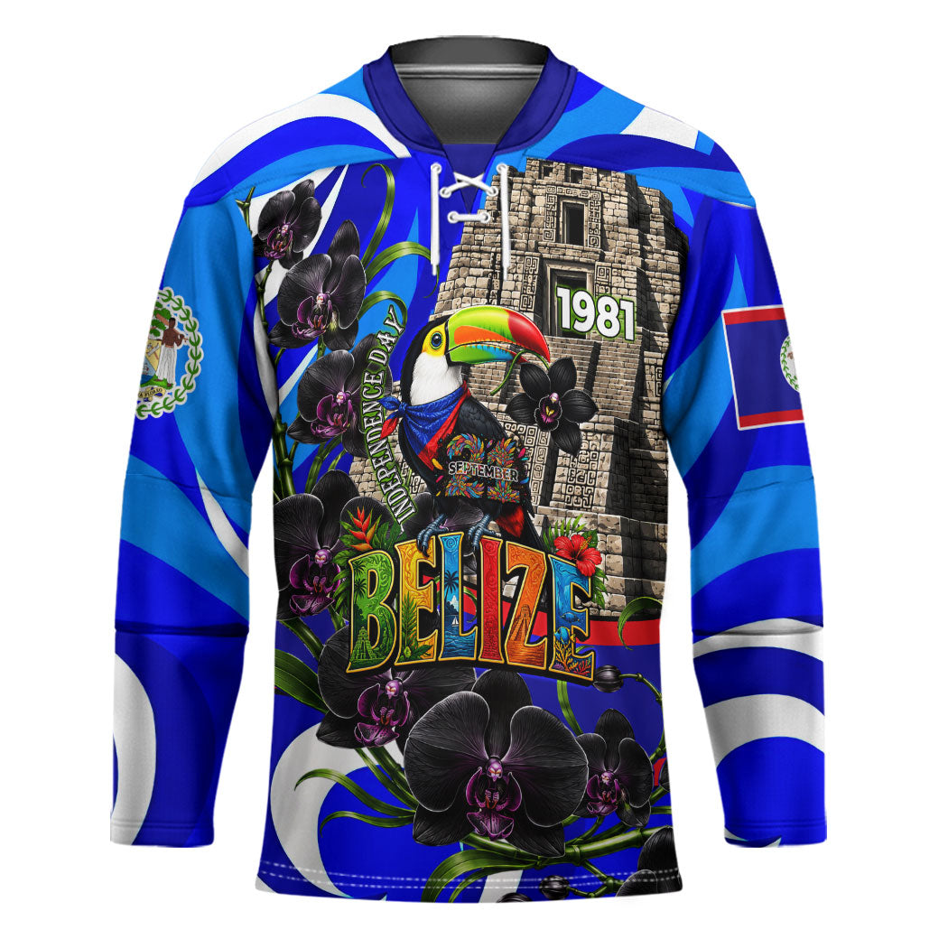 Belize Independence Day 1981 Hockey Jersey Toucan Mayan Pyramid Black Orchid Patriotic