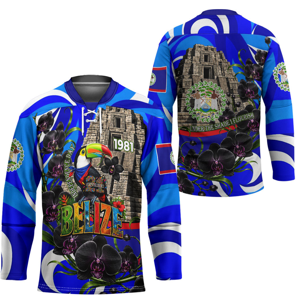 Belize Independence Day 1981 Hockey Jersey Toucan Mayan Pyramid Black Orchid Patriotic