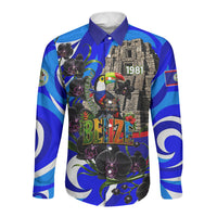 Belize Independence Day 1981 Long Sleeve Button Shirt Toucan Mayan Pyramid Black Orchid Patriotic