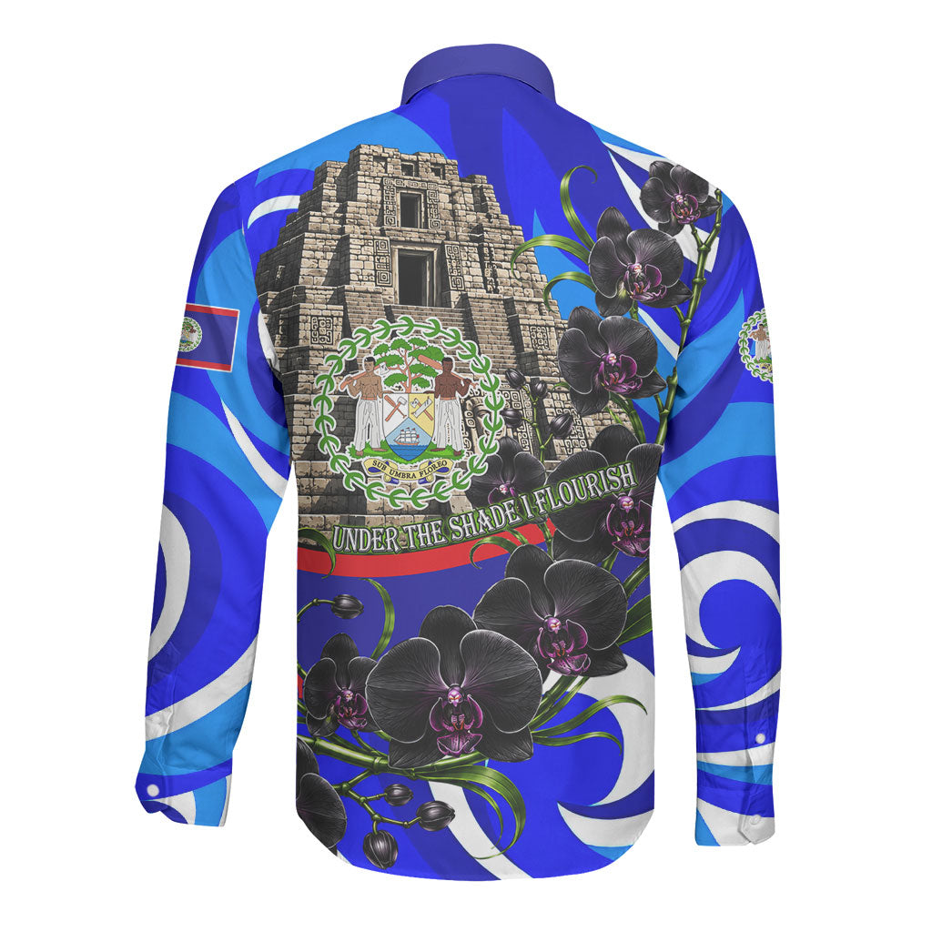 Belize Independence Day 1981 Long Sleeve Button Shirt Toucan Mayan Pyramid Black Orchid Patriotic