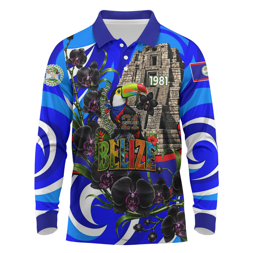 Belize Independence Day 1981 Long Sleeve Polo Shirt Toucan Mayan Pyramid Black Orchid Patriotic