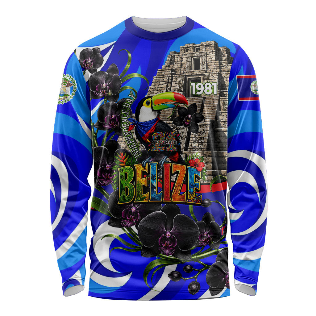 Belize Independence Day 1981 Long Sleeve Shirt Toucan Mayan Pyramid Black Orchid Patriotic