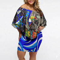 Belize Independence Day 1981 Off Shoulder Short Dress Toucan Mayan Pyramid Black Orchid Patriotic