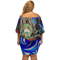 Belize Independence Day 1981 Off Shoulder Short Dress Toucan Mayan Pyramid Black Orchid Patriotic