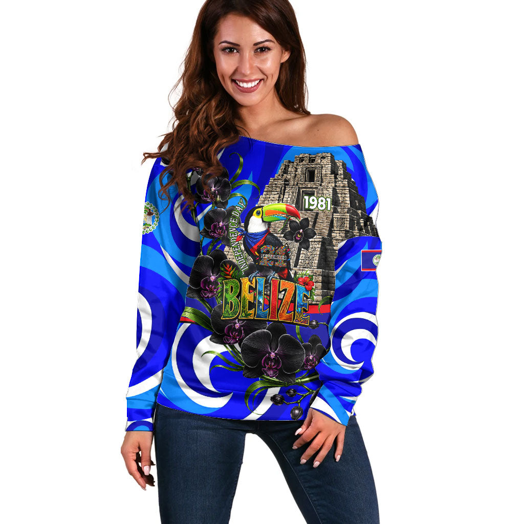 Belize Independence Day 1981 Off Shoulder Sweater Toucan Mayan Pyramid Black Orchid Patriotic