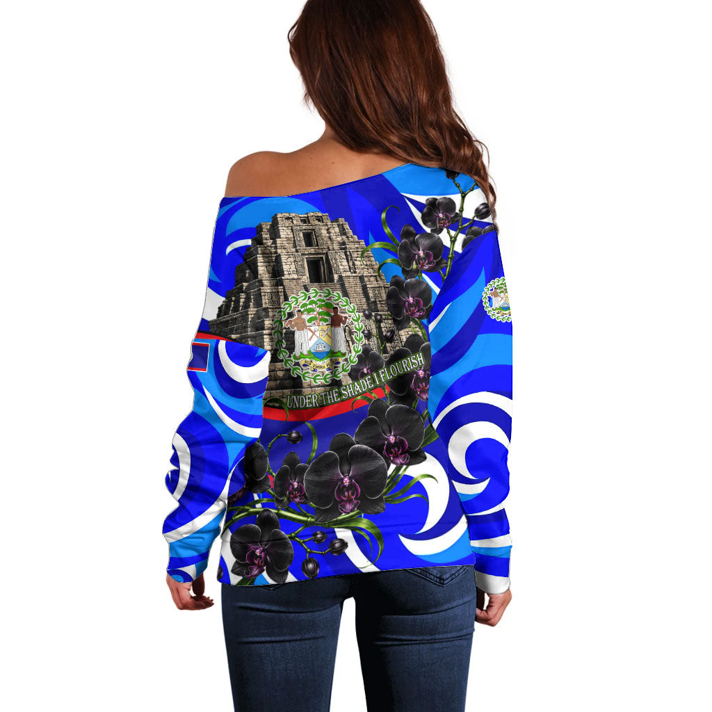 Belize Independence Day 1981 Off Shoulder Sweater Toucan Mayan Pyramid Black Orchid Patriotic