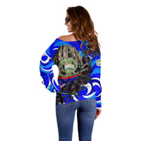 Belize Independence Day 1981 Off Shoulder Sweater Toucan Mayan Pyramid Black Orchid Patriotic