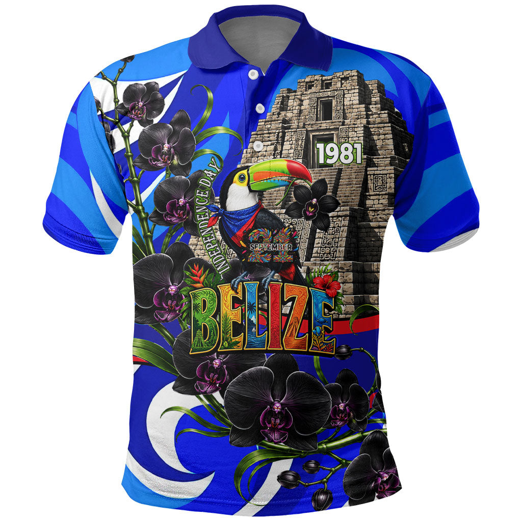 Belize Independence Day 1981 Polo Shirt Toucan Mayan Pyramid Black Orchid Patriotic