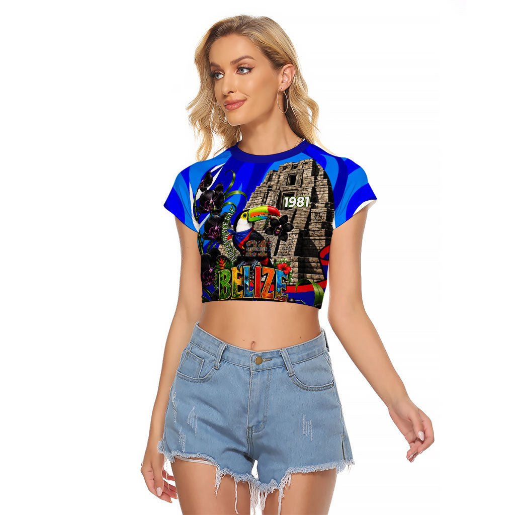 Belize Independence Day 1981 Raglan Cropped T Shirt Toucan Mayan Pyramid Black Orchid Patriotic