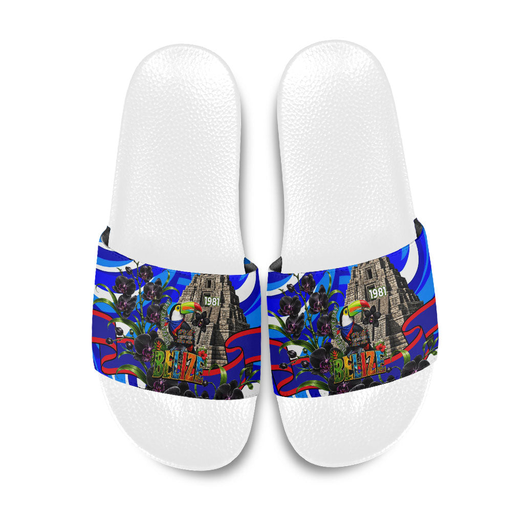 Belize Independence Day 1981 Slide Sandals Toucan Mayan Pyramid Black Orchid Patriotic