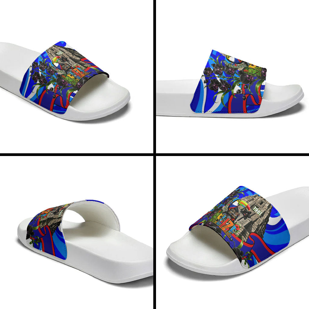 Belize Independence Day 1981 Slide Sandals Toucan Mayan Pyramid Black Orchid Patriotic