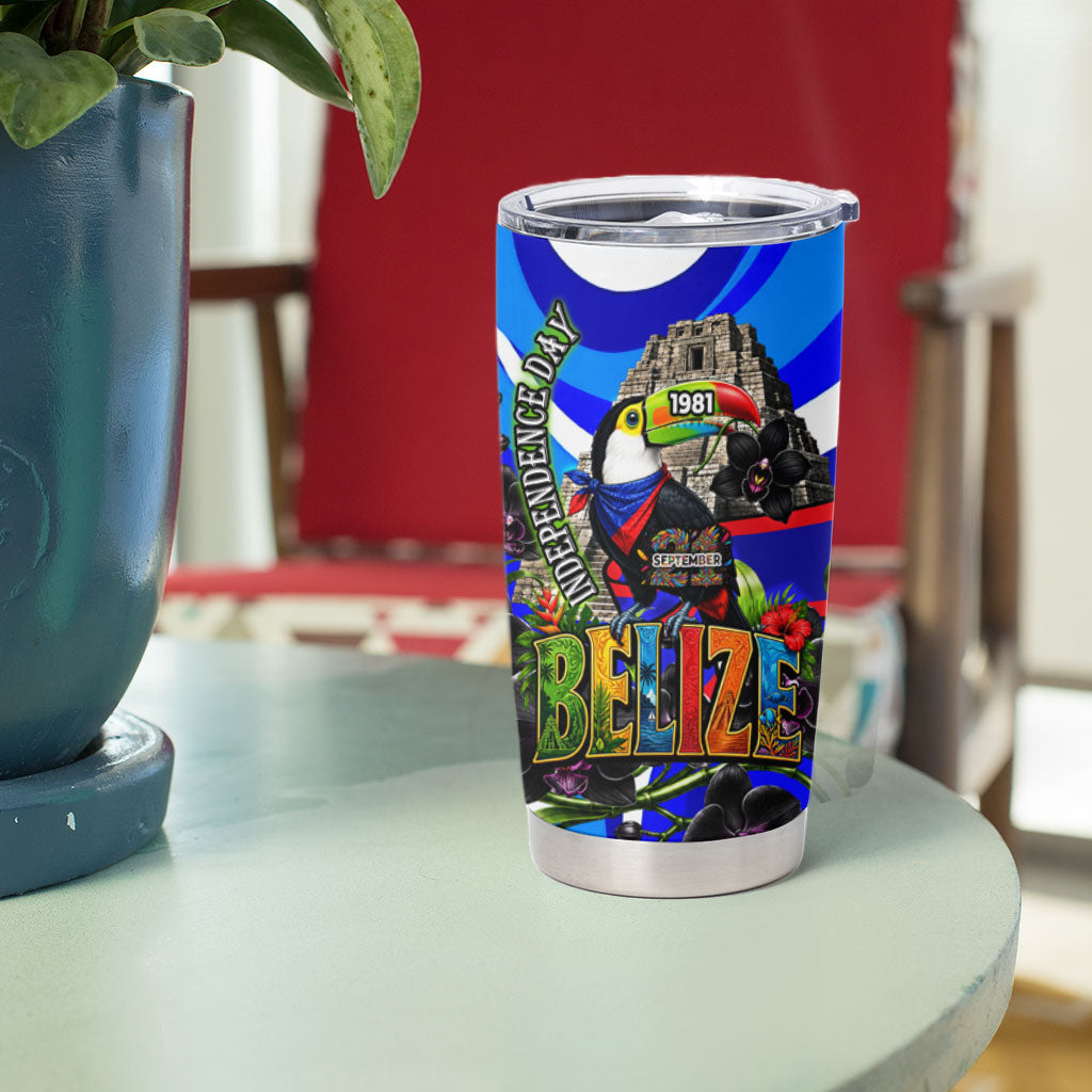 Belize Independence Day 1981 Tumbler Cup Toucan Mayan Pyramid Black Orchid Patriotic