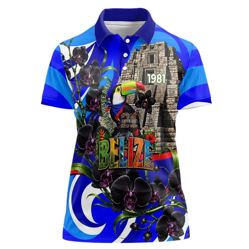 Belize Independence Day 1981 Women Polo Shirt Toucan Mayan Pyramid Black Orchid Patriotic