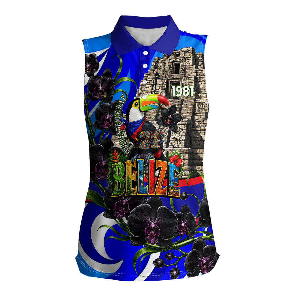 Belize Independence Day 1981 Women Sleeveless Polo Shirt Toucan Mayan Pyramid Black Orchid Patriotic