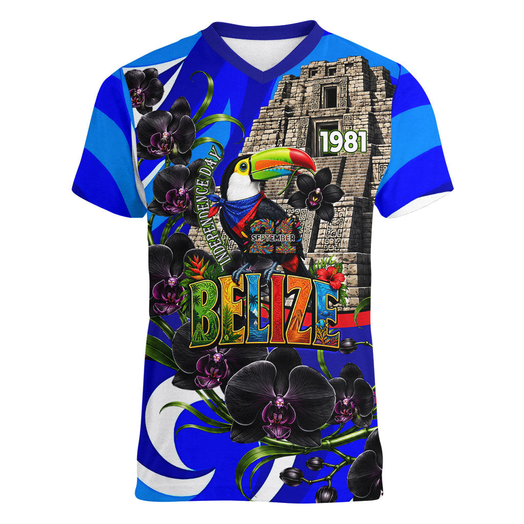 Belize Independence Day 1981 Women V-Neck T-Shirt Toucan Mayan Pyramid Black Orchid Patriotic