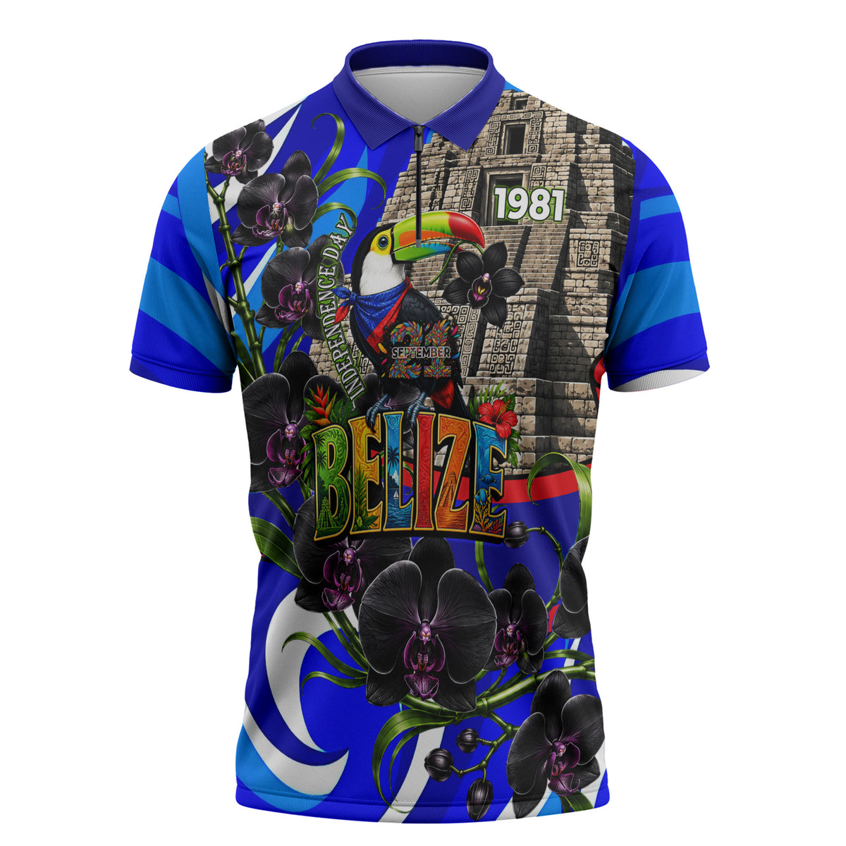 Belize Independence Day 1981 Zipper Polo Shirt Toucan Mayan Pyramid Black Orchid Patriotic