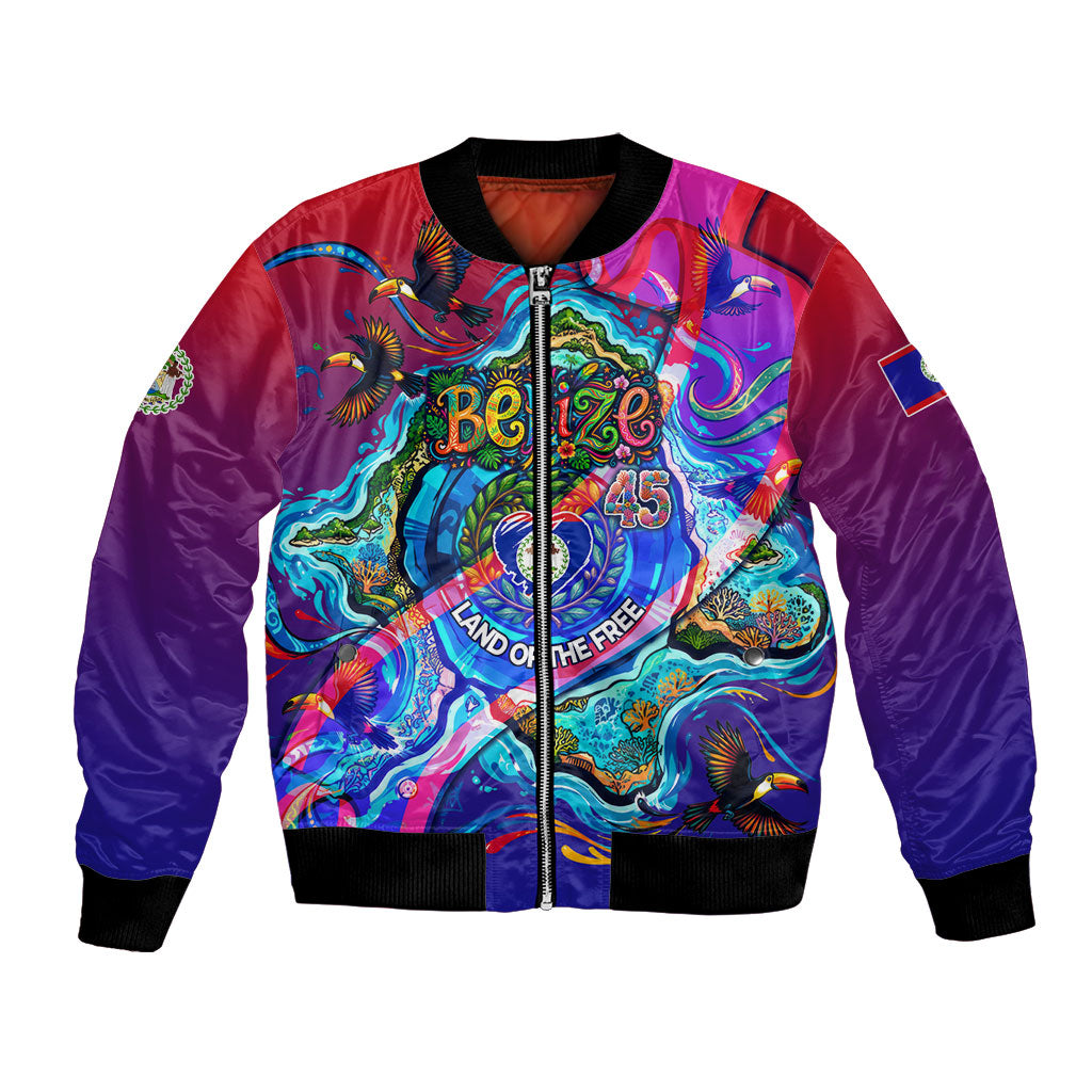 Belize Independence Day September 21 Bomber Jacket Vibrant Tropical Sea Turtle Patriotic