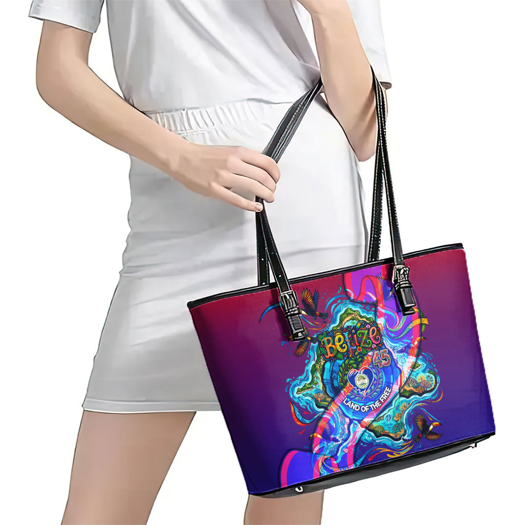 Belize Independence Day September 21 Leather Tote Bag Vibrant Tropical Sea Turtle Patriotic