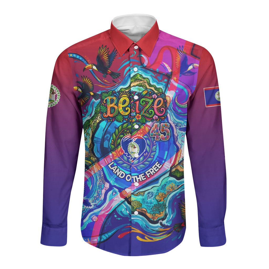 Belize Independence Day September 21 Long Sleeve Button Shirt Vibrant Tropical Sea Turtle Patriotic