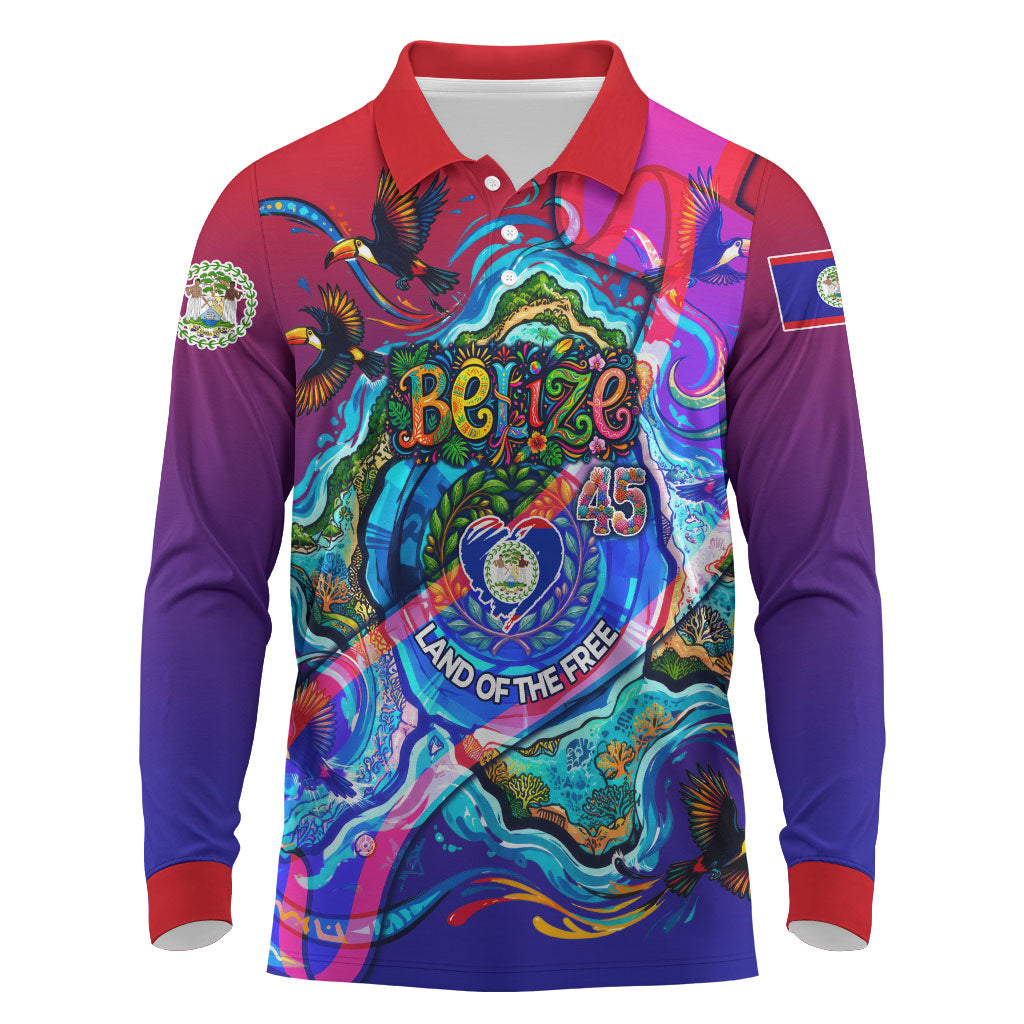 Belize Independence Day September 21 Long Sleeve Polo Shirt Vibrant Tropical Sea Turtle Patriotic