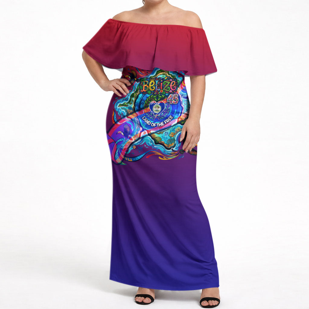 Belize Independence Day September 21 Off Shoulder Maxi Dress Vibrant Tropical Sea Turtle Patriotic