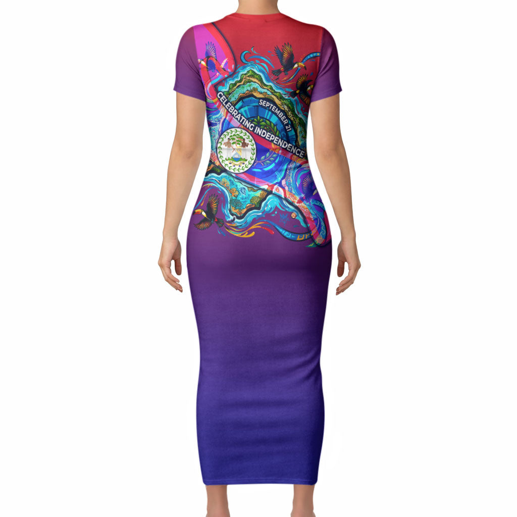 Belize Independence Day September 21 Short Sleeve Bodycon Dress Vibrant Tropical Sea Turtle Patriotic