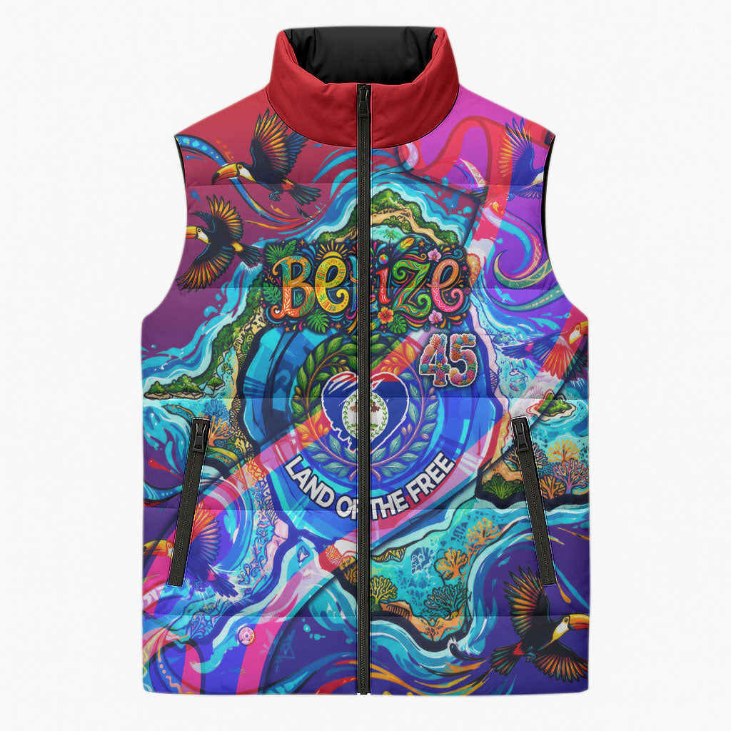 Belize Independence Day September 21 Sleeveless Puffer Jacket Vibrant Tropical Sea Turtle Patriotic