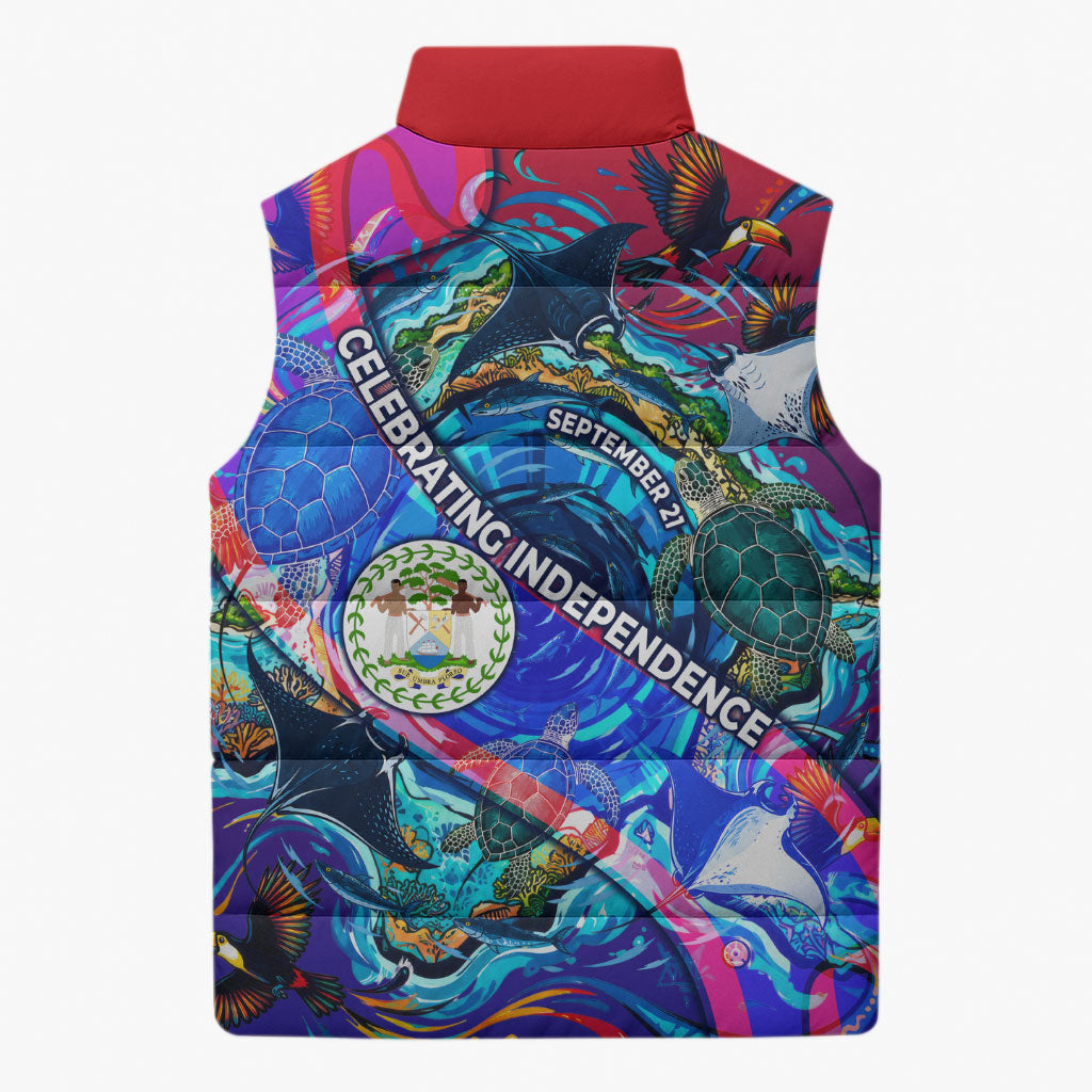 Belize Independence Day September 21 Sleeveless Puffer Jacket Vibrant Tropical Sea Turtle Patriotic