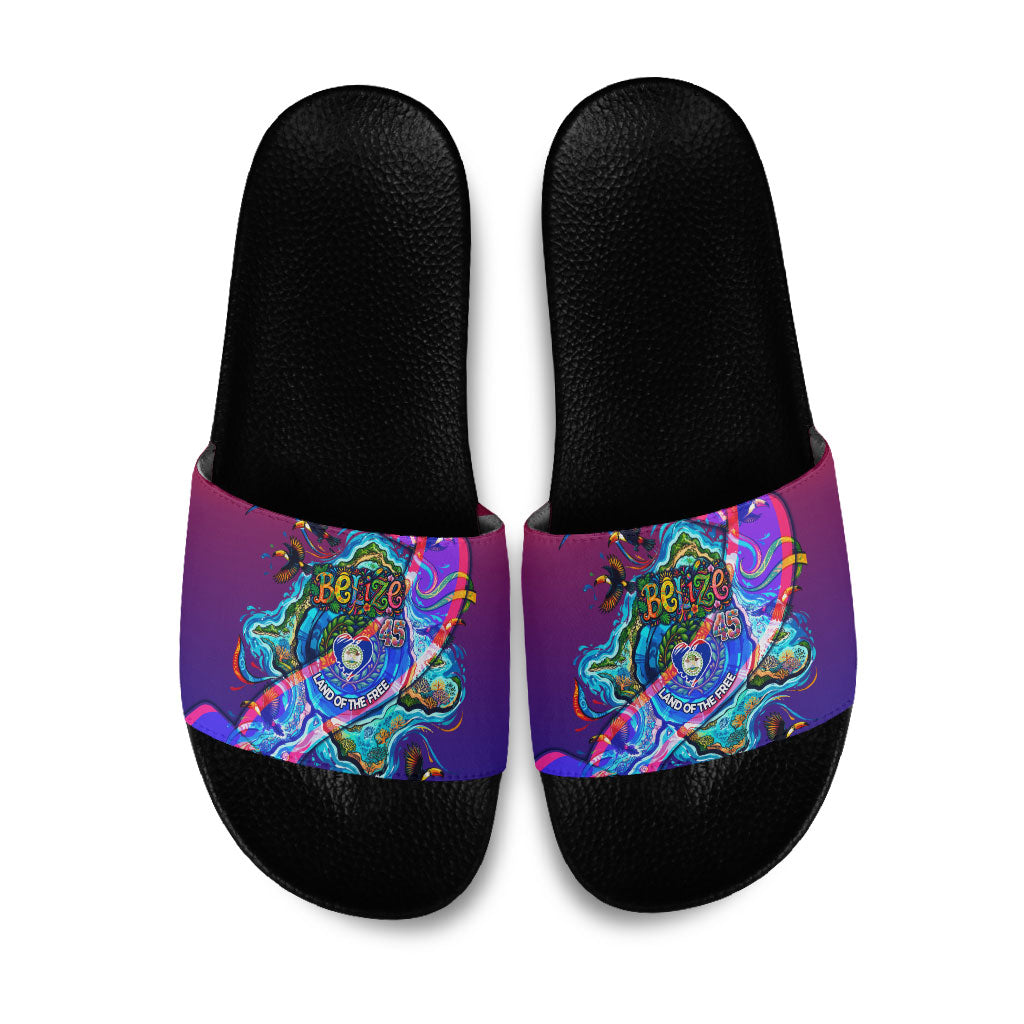 Belize Independence Day September 21 Slide Sandals Vibrant Tropical Sea Turtle Patriotic