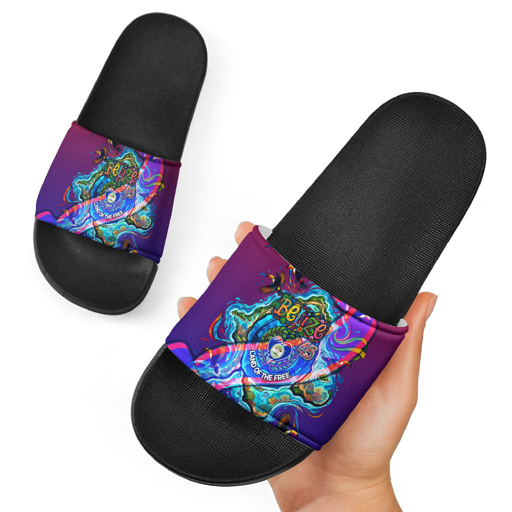 Belize Independence Day September 21 Slide Sandals Vibrant Tropical Sea Turtle Patriotic