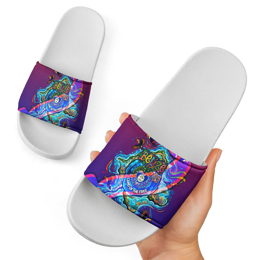 Belize Independence Day September 21 Slide Sandals Vibrant Tropical Sea Turtle Patriotic