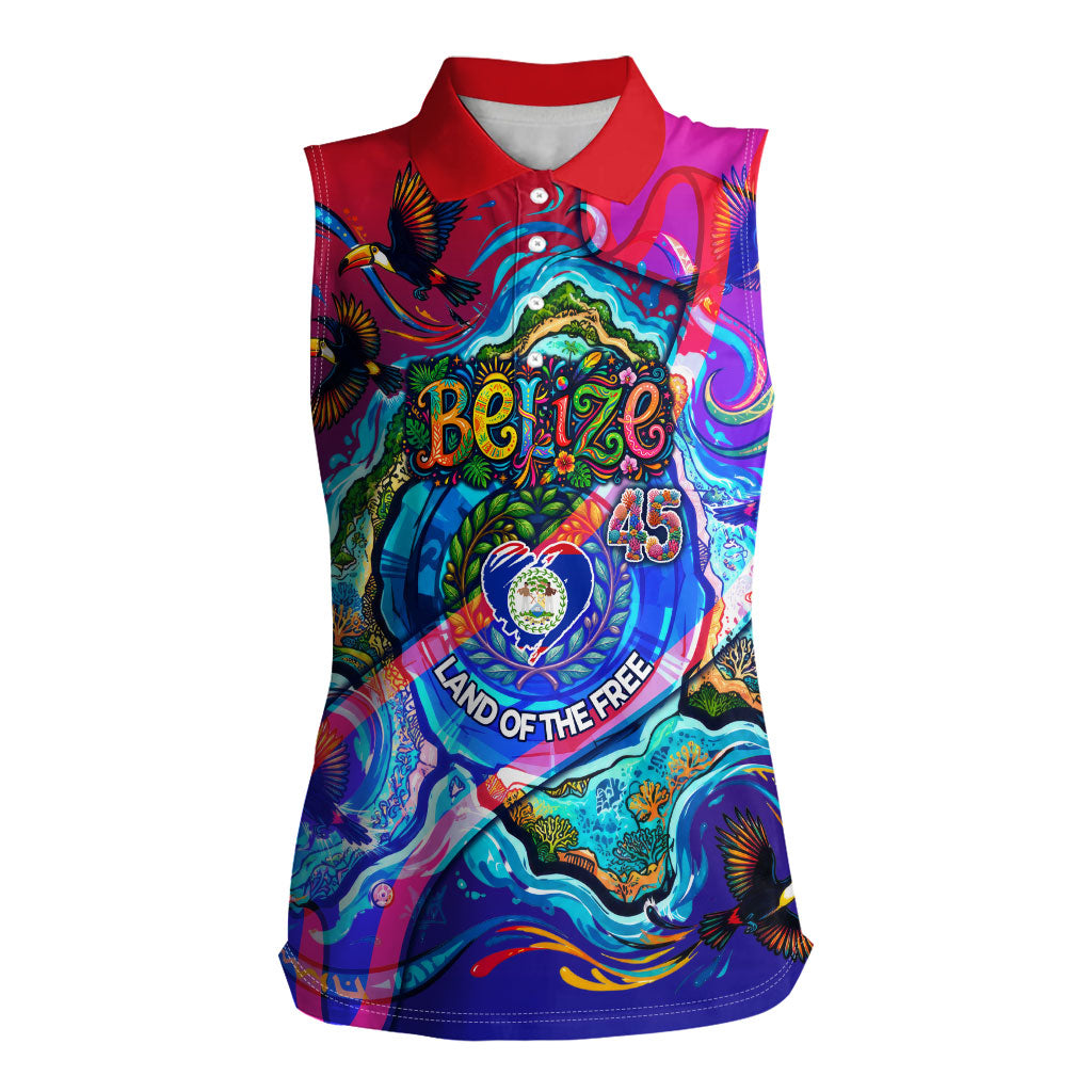 Belize Independence Day September 21 Women Sleeveless Polo Shirt Vibrant Tropical Sea Turtle Patriotic