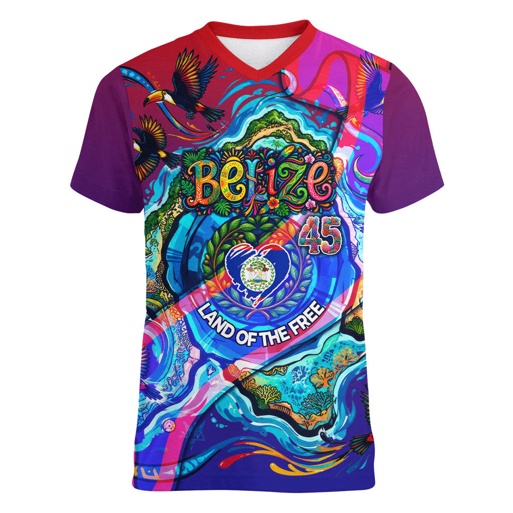 Belize Independence Day September 21 Women V-Neck T-Shirt Vibrant Tropical Sea Turtle Patriotic