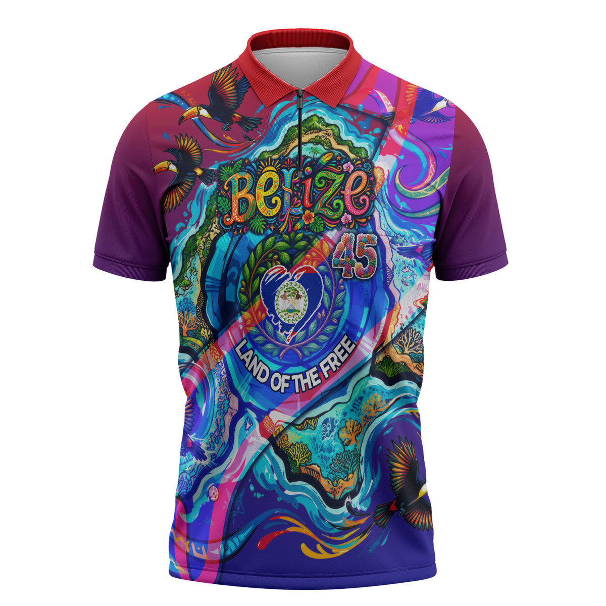 Belize Independence Day September 21 Zipper Polo Shirt Vibrant Tropical Sea Turtle Patriotic