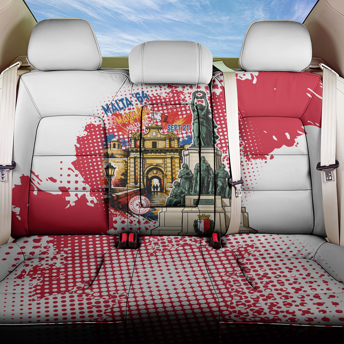 Malta Independence Day Back Car Seat Cover Maltese Flag Monument Coat Of Arms Halftone