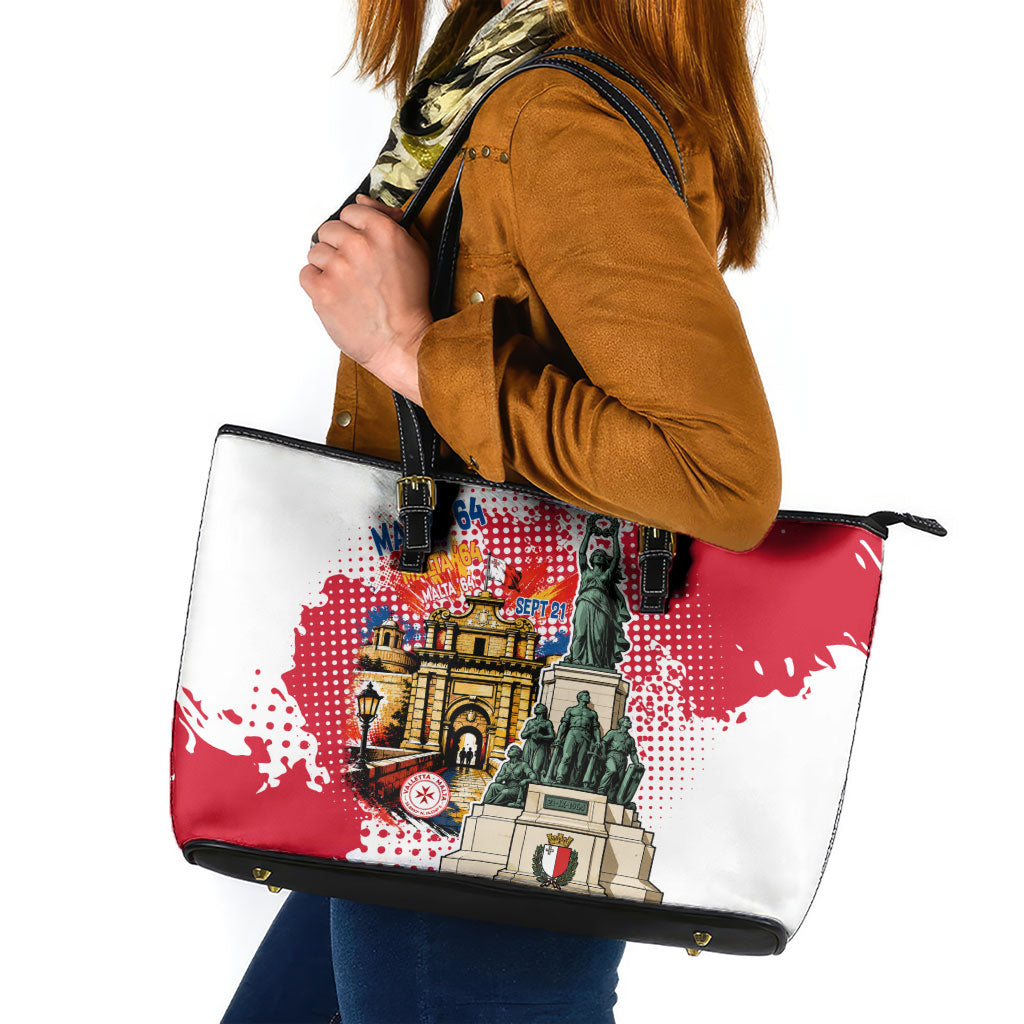 Malta Independence Day Leather Tote Bag Maltese Flag Monument Coat Of Arms Halftone