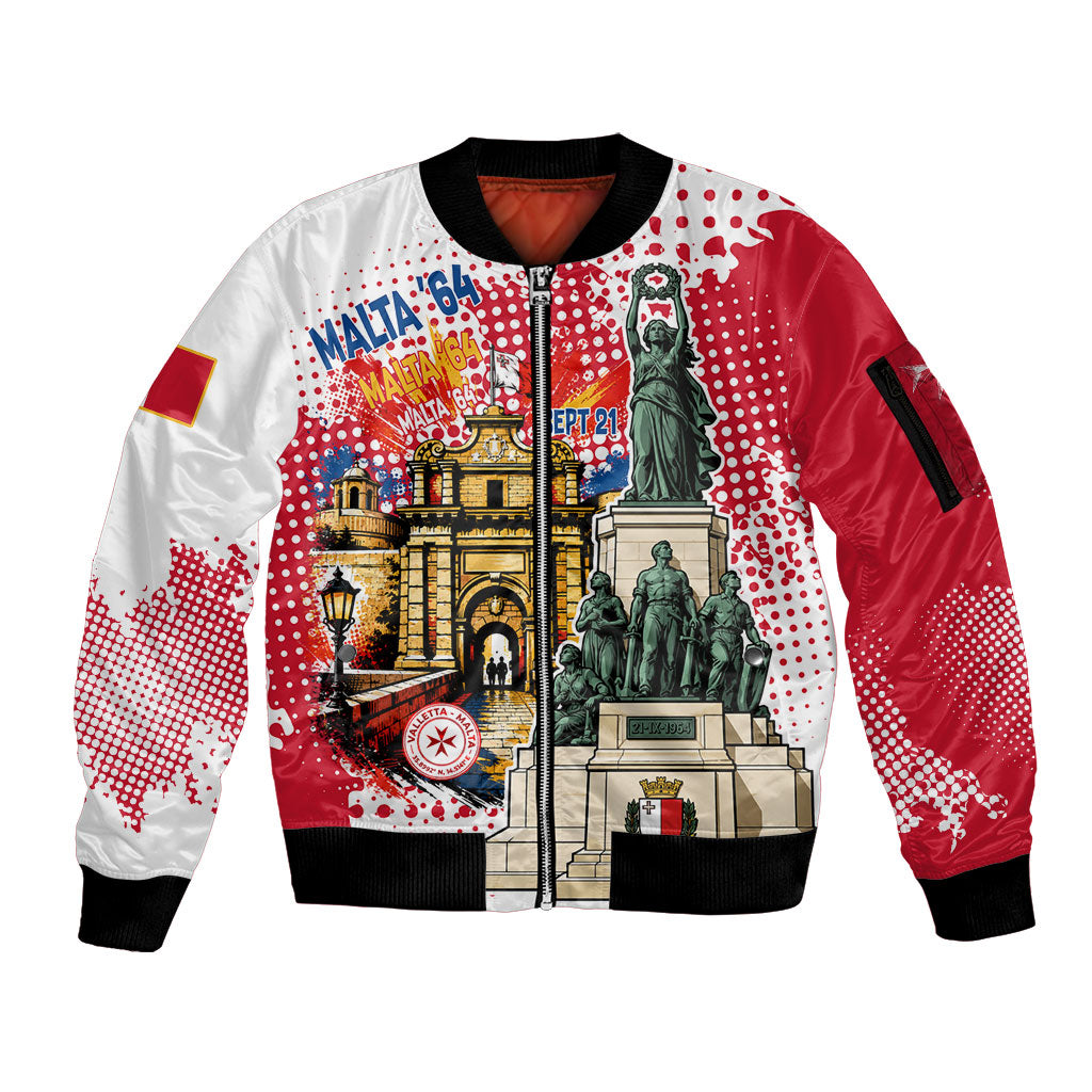Malta Independence Day Sleeve Zip Bomber Jacket Maltese Flag Monument Coat Of Arms Halftone