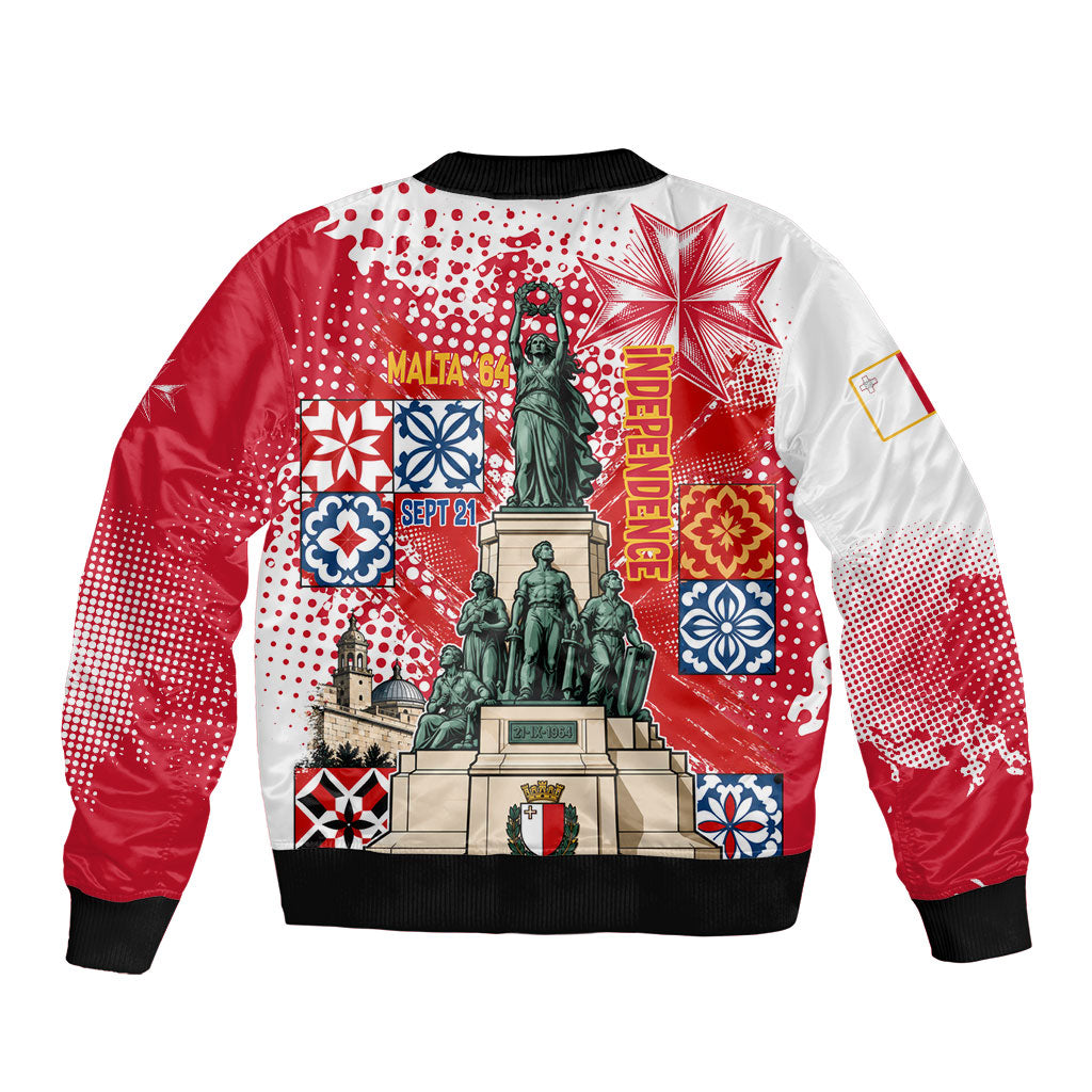 Malta Independence Day Sleeve Zip Bomber Jacket Maltese Flag Monument Coat Of Arms Halftone