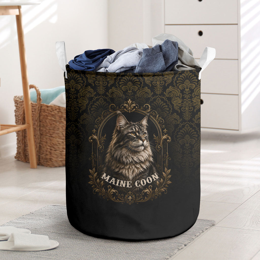 Maine Coon Cat Gentle Giant Laundry Basket Royal Feline Vintage Gold Damask Portrait