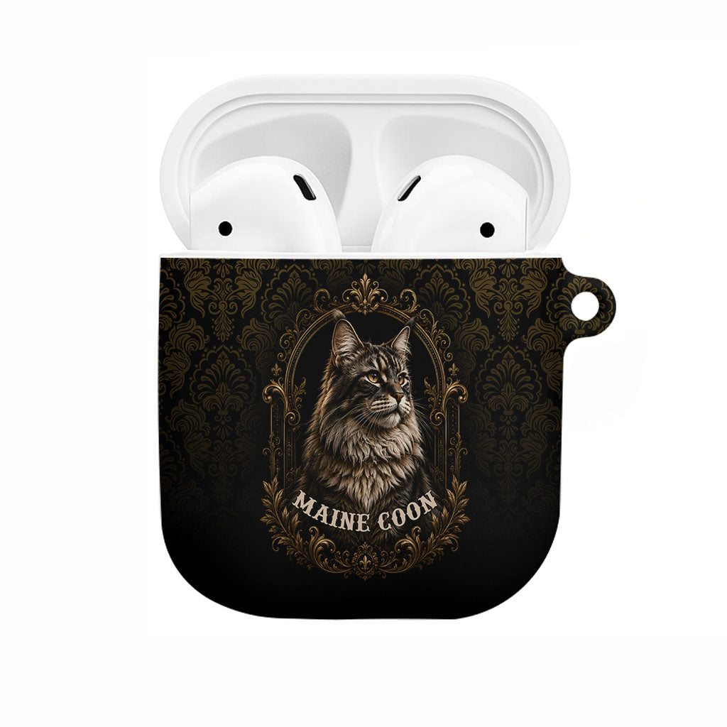 Maine Coon Cat Gentle Giant AirPods Case Royal Feline Vintage Gold Damask Portrait