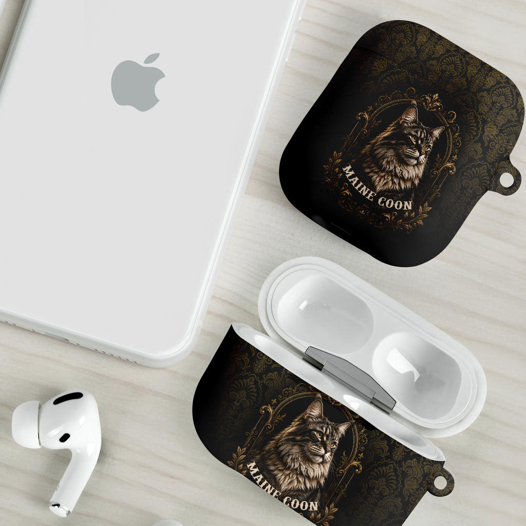 Maine Coon Cat Gentle Giant AirPods Case Royal Feline Vintage Gold Damask Portrait