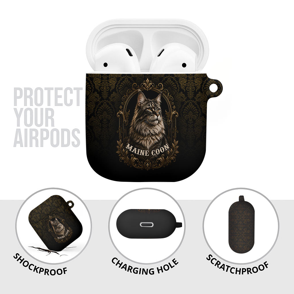 Maine Coon Cat Gentle Giant AirPods Case Royal Feline Vintage Gold Damask Portrait