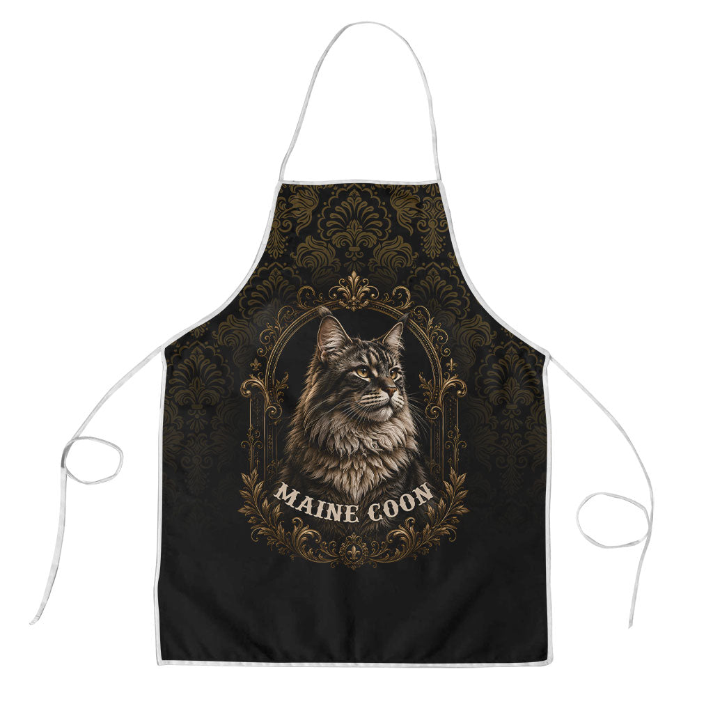 Maine Coon Cat Gentle Giant Apron Royal Feline Vintage Gold Damask Portrait
