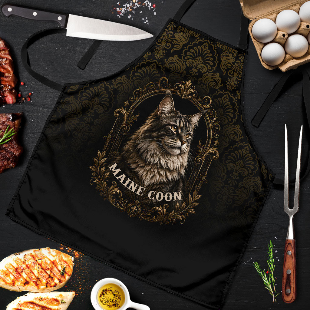 Maine Coon Cat Gentle Giant Apron Royal Feline Vintage Gold Damask Portrait
