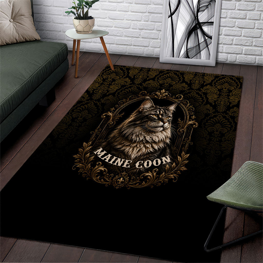 Maine Coon Cat Gentle Giant Area Rug Royal Feline Vintage Gold Damask Portrait