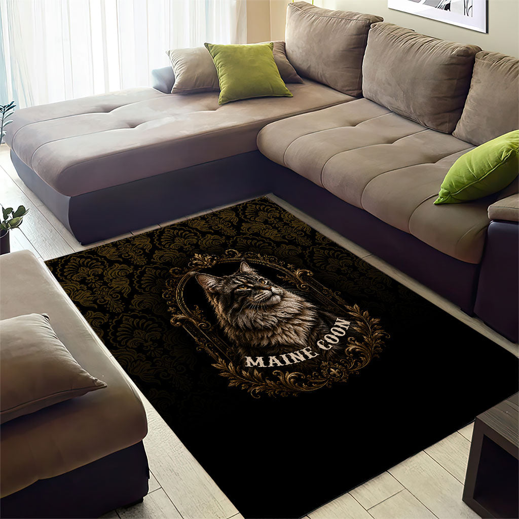 Maine Coon Cat Gentle Giant Area Rug Royal Feline Vintage Gold Damask Portrait